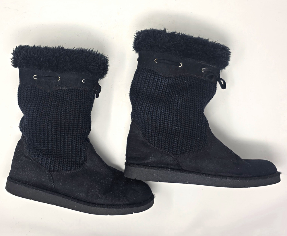 Faded Glory Women’s Mid-Calf Knit Suede Boots Black Faux Fur Lined US 8